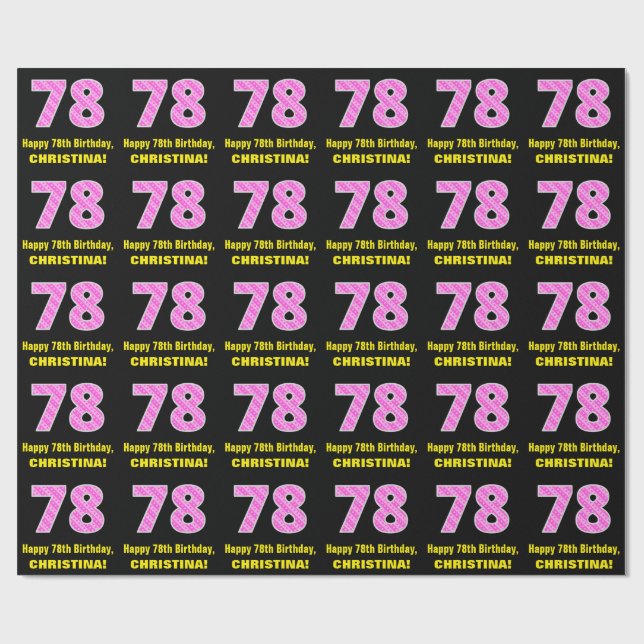 78th Birthday: Pink Stripes and Hearts "78" + Name Wrapping Paper (Flat)