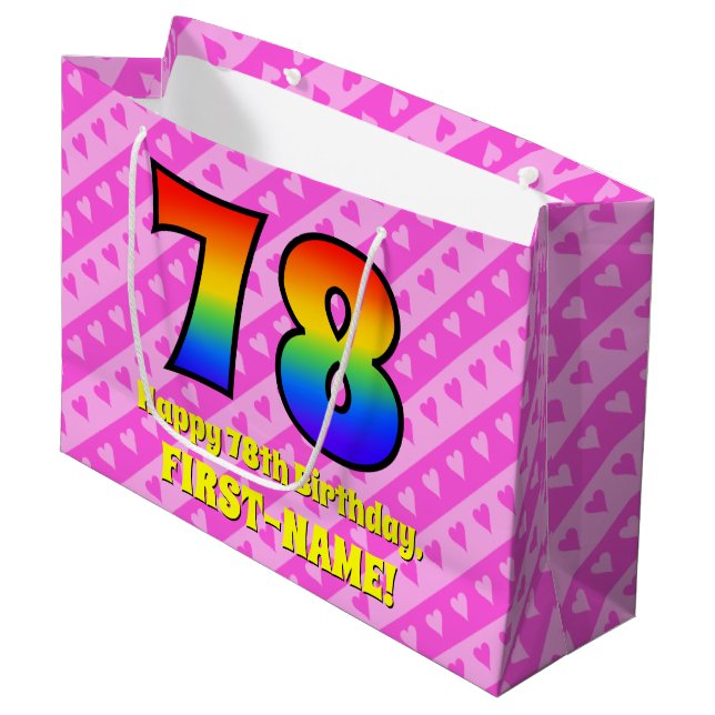 78th Birthday: Pink Stripes & Hearts, Rainbow # 78 Large Gift Bag (Front Angled)