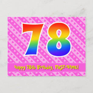 78th Birthday: Pink Stripes & Hearts, Rainbow 78 Postcard
