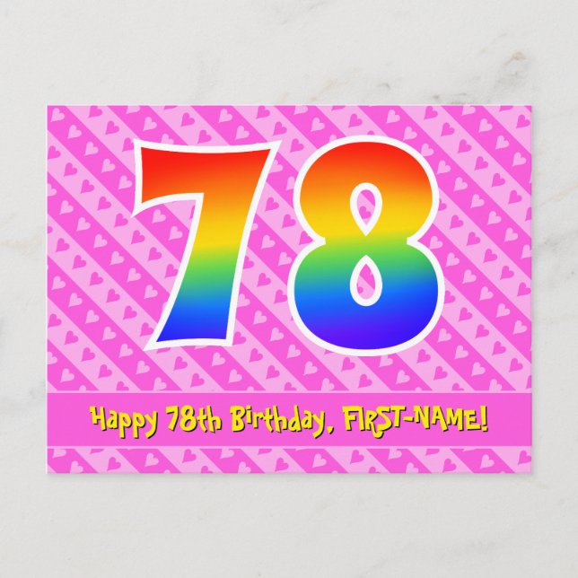 78th Birthday: Pink Stripes & Hearts, Rainbow 78 Postcard (Front)