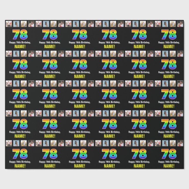 78th Birthday: Rainbow “78“; Custom Photos & Name Wrapping Paper (Seam)