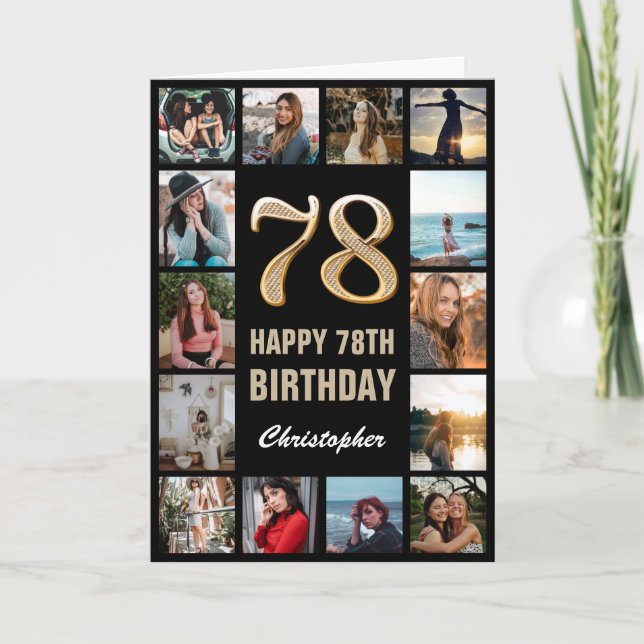 78th Happy Birthday Black and Gold Photo Collage Card (Front)