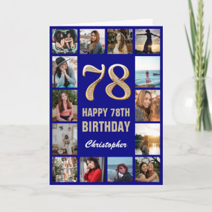 78th Happy Birthday Navy Blue & Gold Photo Collage Card