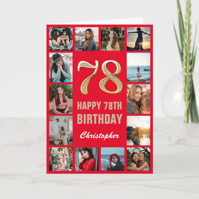78th Happy Birthday Red and Gold Photo Collage Card (Front)