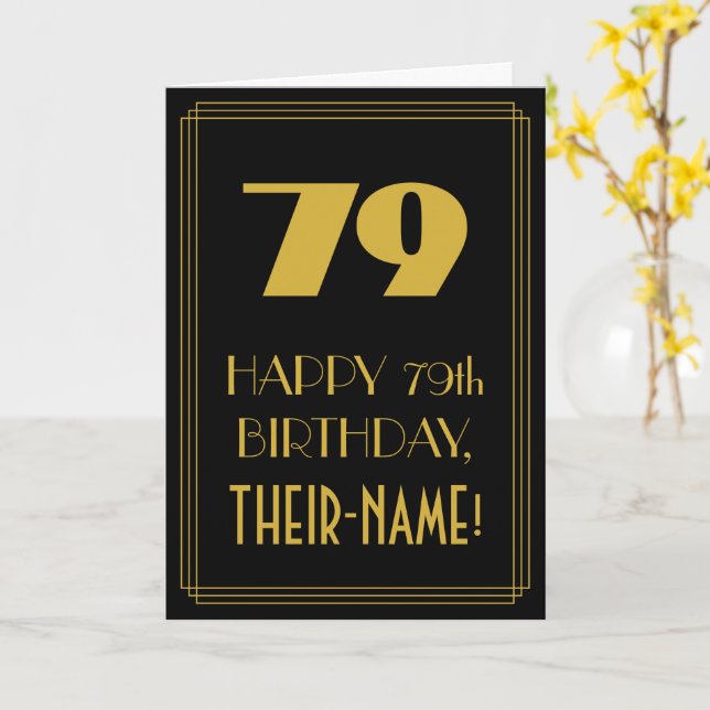79th Birthday – Art Deco Inspired Look "79" & Name Card (Yellow Flower)