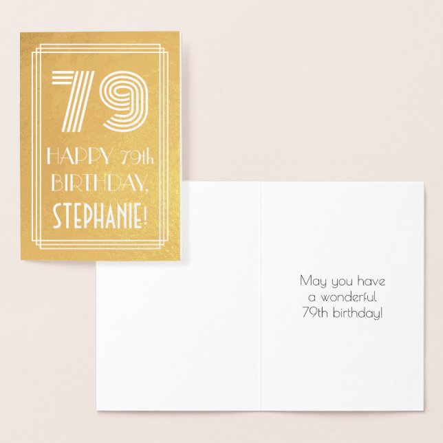 79th Birthday – Art Deco Inspired Look "79" + Name Foil Card (Display)