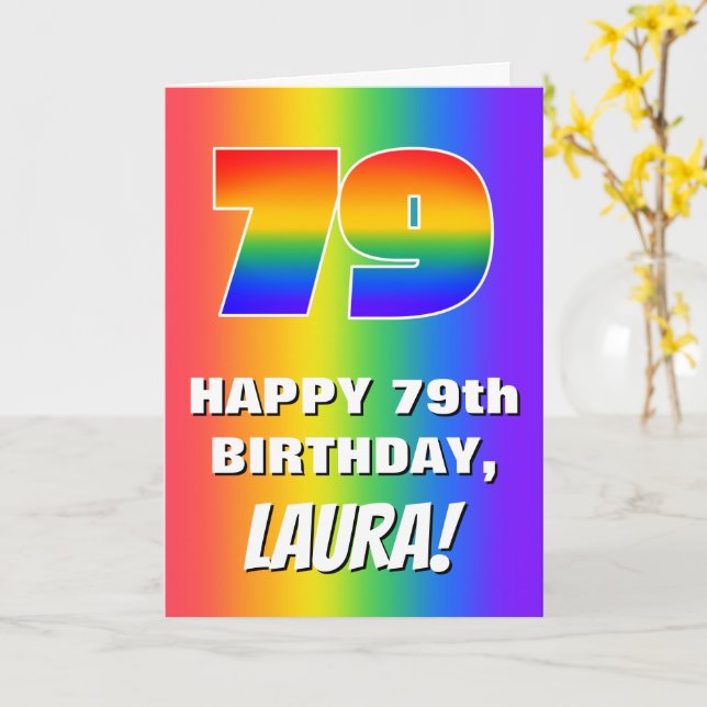 79th Birthday: Colourful, Fun Rainbow Pattern # 79 Card (Yellow Flower)