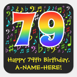 79th Birthday: Colourful Music Symbols, Rainbow 79 Square Sticker