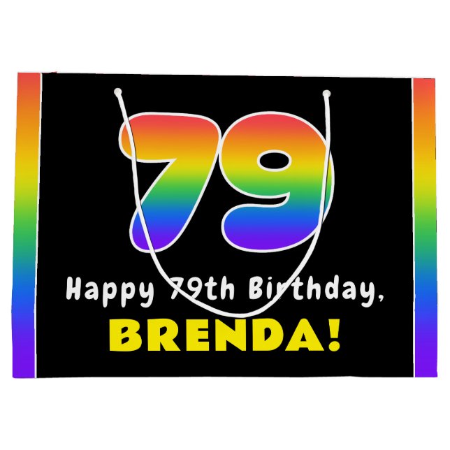 79th Birthday: Colourful Rainbow # 79, Custom Name Large Gift Bag (Back)
