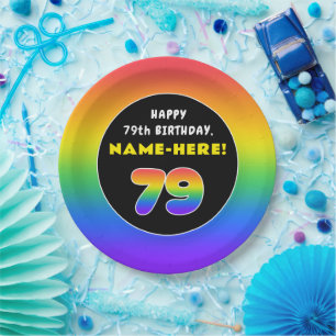 79th Birthday: Colourful Rainbow # 79, Custom Name Paper Plate