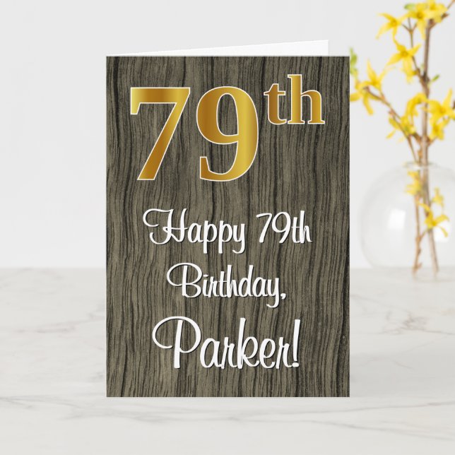 79th Birthday: Elegant Faux Gold Look #, Faux Wood Card (Yellow Flower)