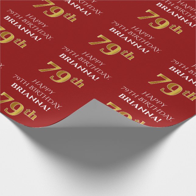 79th Birthday: Elegant, Red, Faux Gold Look Wrapping Paper (Corner)