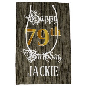 79th Birthday: Faux Gold Look & Faux Wood Pattern Medium Gift Bag