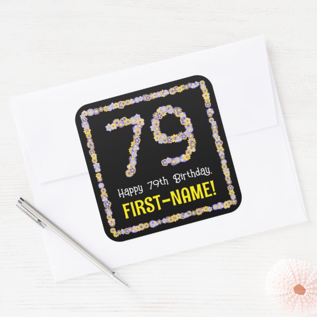 79th Birthday: Floral Flowers Number, Custom Name Square Sticker (Envelope)