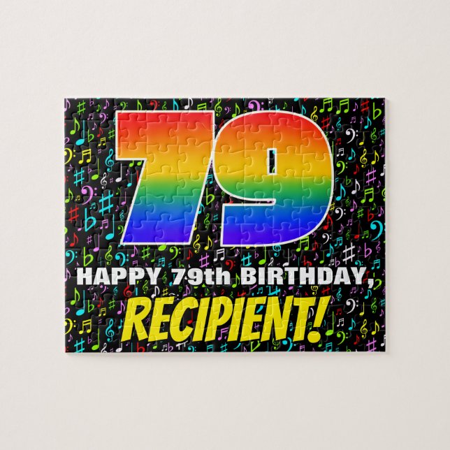 79th Birthday — Fun, Colourful Music Symbols & “79 Jigsaw Puzzle (Horizontal)