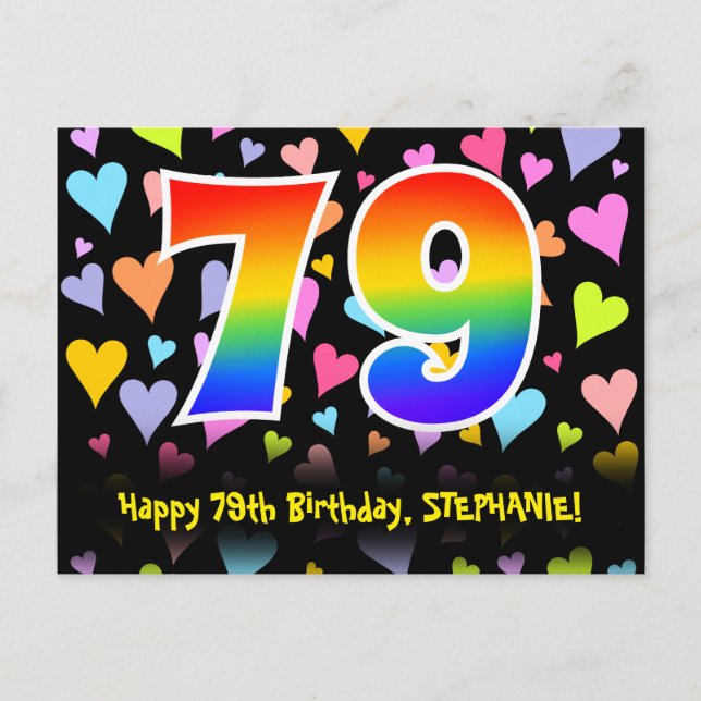 79th Birthday: Fun Hearts Pattern, Rainbow 79 Postcard (Front)
