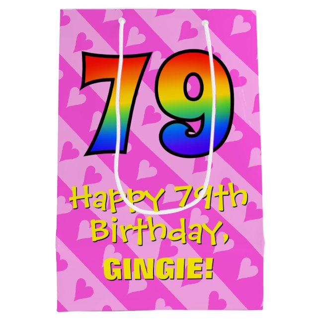 79th Birthday: Fun Pink Hearts Stripes; Rainbow 79 Medium Gift Bag (Back)