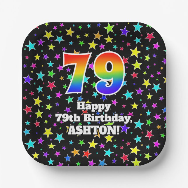 79th Birthday: Fun Stars Pattern and Rainbow “79” Paper Plate (Front)