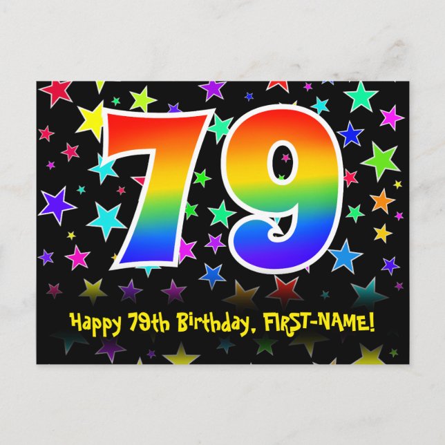 79th Birthday: Fun Stars Pattern, Rainbow 79, Name Postcard (Front)