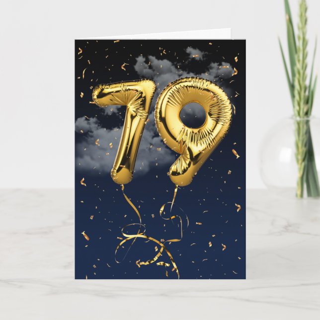 79th Birthday Gold Mylar Balloon and Confetti Card (Front)