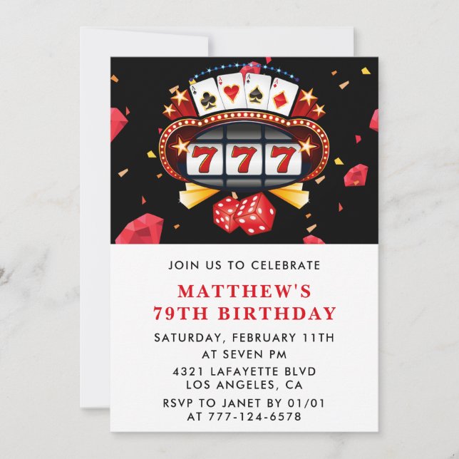 79th birthday invitations Casino theme Poker Red (Front)
