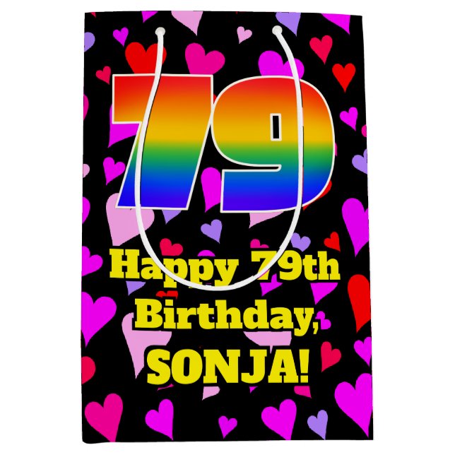 79th Birthday: Loving Hearts Pattern, Rainbow # 79 Medium Gift Bag (Front)