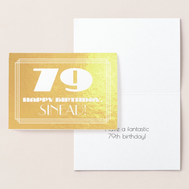 79th Birthday: Name + Art Deco Inspired Look "79" Foil Card (Display)