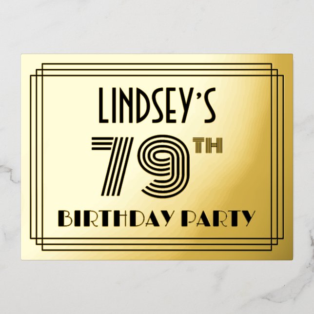 79th Birthday Party ~ Art Deco Style “79” + Name Foil Invitation Postcard (Front)