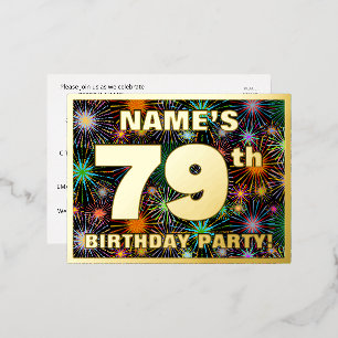 79th Birthday Party: Bold, Colourful Fireworks Loo Foil Invitation Postcard