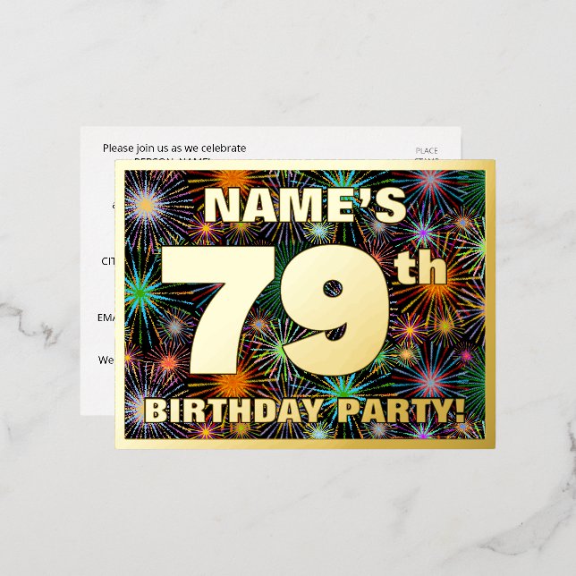 79th Birthday Party: Bold, Colourful Fireworks Loo Foil Invitation Postcard (Front/Back)
