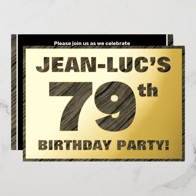 79th Birthday Party — Bold, Faux Wood Grain Text (Front/Back)
