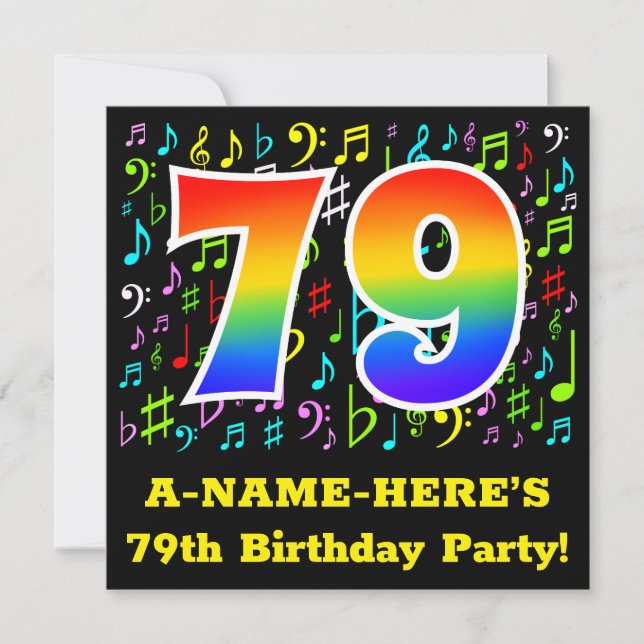 79th Birthday Party: Fun Music Symbols, Rainbow 79 Invitation (Front)