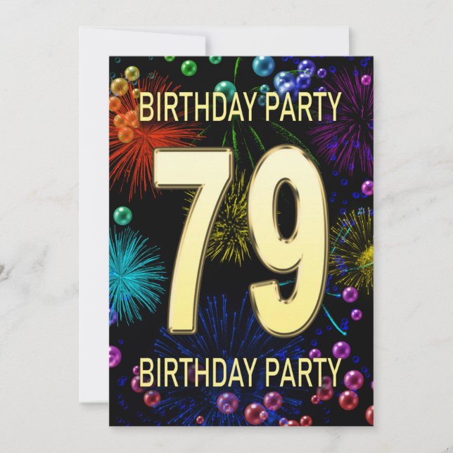 79th Birthday Party Invitation Fireworks Bubbles (Front)