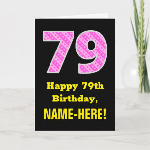 79th Birthday: Pink Stripes and Hearts "79" + Name Card