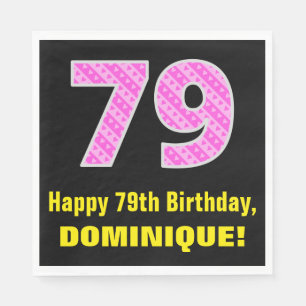 79th Birthday: Pink Stripes and Hearts "79" + Name Napkin