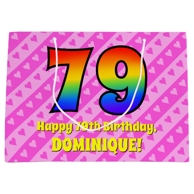 79th Birthday: Pink Stripes & Hearts, Rainbow # 79 Large Gift Bag (Front)