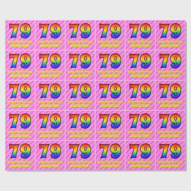 79th Birthday: Pink Stripes & Hearts, Rainbow # 79 Wrapping Paper (Flat)