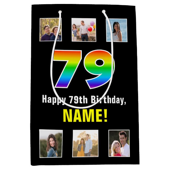 79th Birthday: Rainbow “79“, Custom Photos & Name Medium Gift Bag (Front)