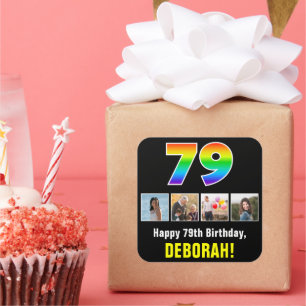 79th Birthday: Rainbow “79”; Custom Photos & Name Square Sticker