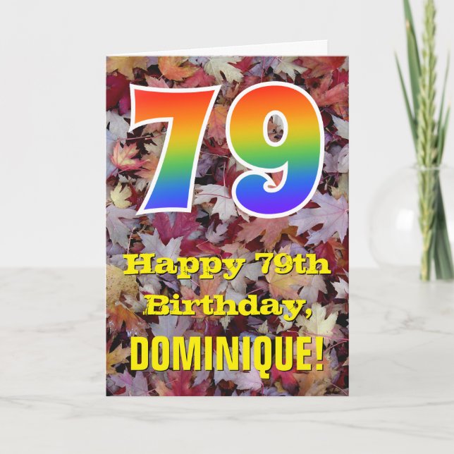 79th Birthday; Rustic Autumn Leaves; Rainbow "79" Card (Front)