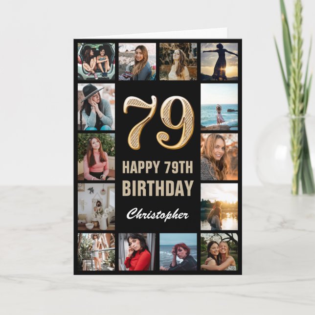 79th Happy Birthday Black and Gold Photo Collage Card (Front)