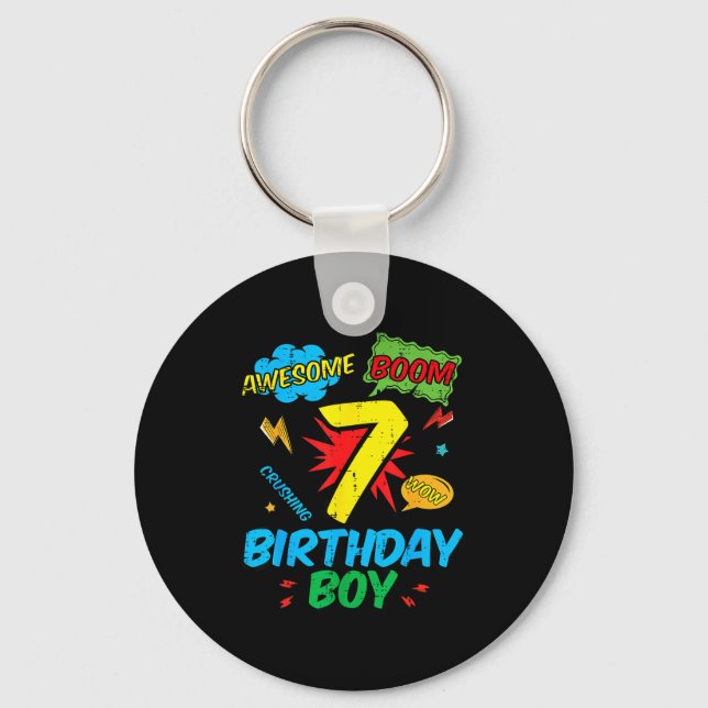 7 Birthday Boy Comic Cool 7th Bday Superhero Party Key Ring (Front)