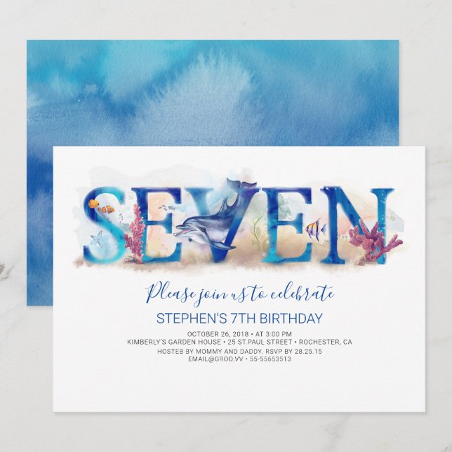 7 Birthday Invitation Deep Blue Under the Sea Life (Front/Back)