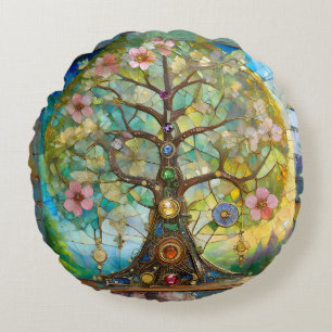7 Chakra Blossoming Tree Of Life Round Cushion