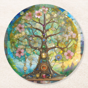 7 Chakra Blossoming Tree Of Life Round Paper Coaster