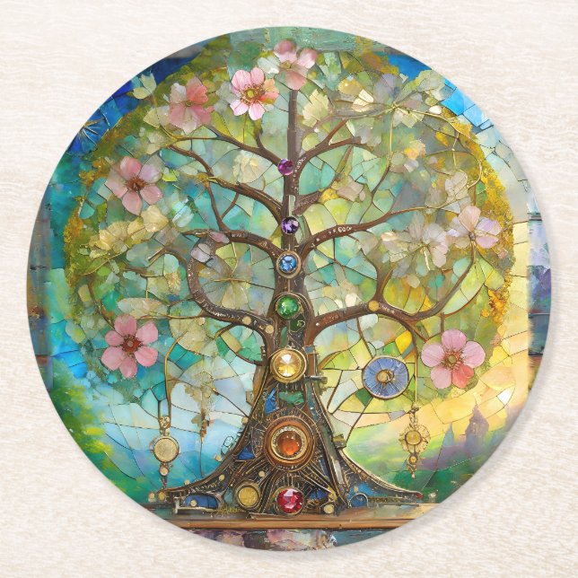 7 Chakra Blossoming Tree Of Life Round Paper Coaster (Front)