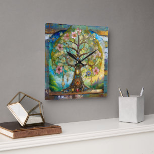 7 Chakra Blossoming Tree Of Life Square Wall Clock