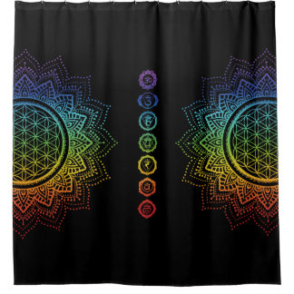 7 Chakras Flower of life Mandala | Black Shower Curtain