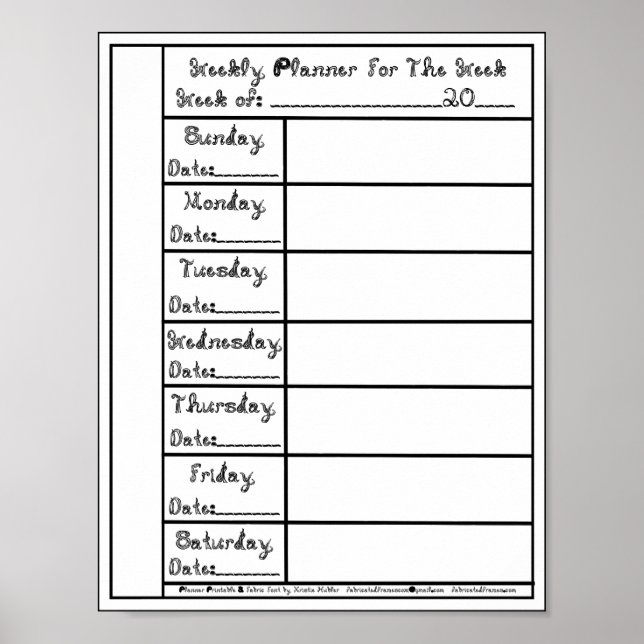 7 Day Black Fabric Font Weekly Planner Printable Poster (Front)
