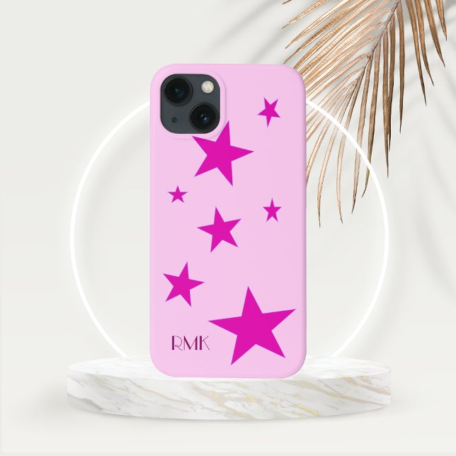 7 Fuchsia Stars and Personalised Pink Text  Case-Mate iPhone Case (Seven Fuchsia Stars with Initial Monogram on Gold Frond Mockup)